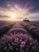 Landschapsfoto van heide bij de zonsopkomst, met een oude tractor