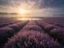 Landschapsfoto van heide bij de zonsopkomst, met een koppel eenden