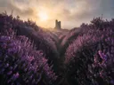 Landschapsfoto van heide bij de zonsopkomst, met de ruïne van een oude toren
