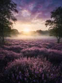 Landschapsfoto van heide bij de zonsopkomst, met een kudde schapen