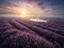 Landschapsfoto van heide bij de zonsopkomst, met een reiger