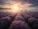 Landschapsfoto van heide bij de zonsopkomst, met een paar koeien
