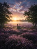 Landschapsfoto van heide bij de zonsopkomst, met een oude waterput