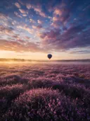 Landschapsfoto van heide bij de zonsopkomst, met een luchtballon boven de horizon