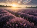 Landschapsfoto van heide bij de zonsopkomst, met een bij tussen de bloemen