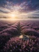 Landschapsfoto van heide bij de zonsopkomst, met een hagedis