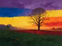 Schilderij van heide in alle kleuren van de regenboog, in vlakke kleurvlakken