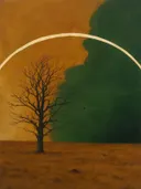 Schilderij van heide in amber en flessengroen, in vlakke kleurvlakken