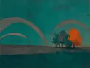 Schilderij van heide in aqua en warm grijs, in vlakke kleurvlakken