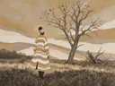 Schilderij van heide in camel en ivoor, in vlakke kleurvlakken