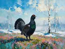 Heide in de ochtendmist in de sneeuw, schilderij van heide