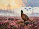 Heide in diep de ochtendmist in de sneeuw, schilderij van heide