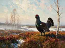Heide in donker de ochtendmist in de sneeuw, schilderij van heide