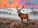Heide in gedempt de ochtendmist in de sneeuw, schilderij van heide