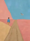 Schilderij van heide in hemelsblauw en zalm, in vlakke kleurvlakken