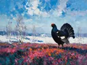 Heide in licht de ochtendmist in de sneeuw, schilderij van heide