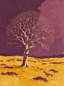 Schilderij van heide in pruim en mosterd, in vlakke kleurvlakken