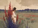 Schilderij van heide in vermiljoen en indigo, in vlakke kleurvlakken