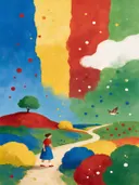 Schilderij van heide in vier heldere kleuren naast elkaar, in vlakke kleurvlakken