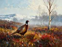 Heide in warm de ochtendmist in de sneeuw, schilderij van heide