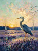 Heide in warm tegenlicht bij bloesem, schilderij van heide