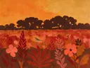 Schilderij van heide in warme kleuren bij elkaar, in vlakke kleurvlakken