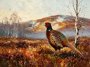 Heide in zacht de ochtendmist in de sneeuw, schilderij van heide