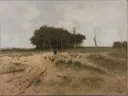 Heide te Laren van Anton Mauve: landschap met heide, schapen, zandpad en bomen, in gedempt okerbruin
