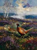 Heide van dichtbij in donker de mist, schilderij van heide van dichtbij