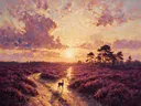 Schilderij: heide zonsondergang in paars en goud met turkoois