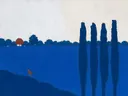 Schilderij van heidevlakte in bloei in kalkwit en zeeblauw