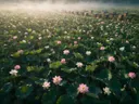 Landschapsfoto van heilige lotus bij de ochtendmist, met een rij bijenkorven
