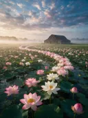 Landschapsfoto van heilige lotus bij de ochtendmist, met een verweerde schuur aan de rand van het veld