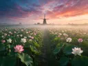 Landschapsfoto van heilige lotus bij de ochtendmist, met een windmolen in de verte