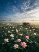 Landschapsfoto van heilige lotus bij de ochtendmist, met een houten kar