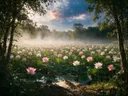 Landschapsfoto van heilige lotus bij de ochtendmist, met een hagedis