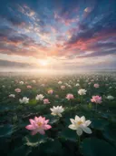 Landschapsfoto van heilige lotus bij de ochtendmist