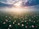 Landschapsfoto van heilige lotus bij de ochtendmist