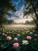 Landschapsfoto van heilige lotus bij de ochtendmist