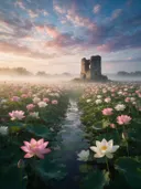 Landschapsfoto van heilige lotus bij de ochtendmist, met de ruïne van een oude toren