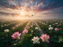 Landschapsfoto van heilige lotus bij de zonsopkomst, met een helikopter boven de horizon