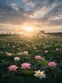 Landschapsfoto van heilige lotus bij de zonsopkomst, met een kleine kudde paarden
