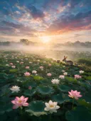 Landschapsfoto van heilige lotus bij de zonsopkomst, met een konijn met haar jongen
