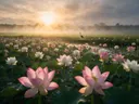 Landschapsfoto van heilige lotus bij de zonsopkomst, met een reiger