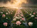 Landschapsfoto van heilige lotus bij de zonsopkomst, met een koppel eenden