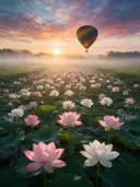 Landschapsfoto van heilige lotus bij de zonsopkomst, met een luchtballon boven de horizon