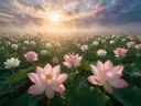Landschapsfoto van heilige lotus bij de zonsopkomst, met een vlinder op de bloemen