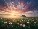 Landschapsfoto van heilige lotus bij de zonsopkomst, met een boerderijtje aan het einde van de rijen