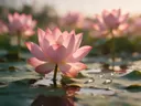 Macrofotografie van dauwdruppels op heilige lotus, gouden gloed, zachtroze