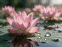 Macrofotografie van dauwdruppels op heilige lotus, regenboogglans, zachtroze